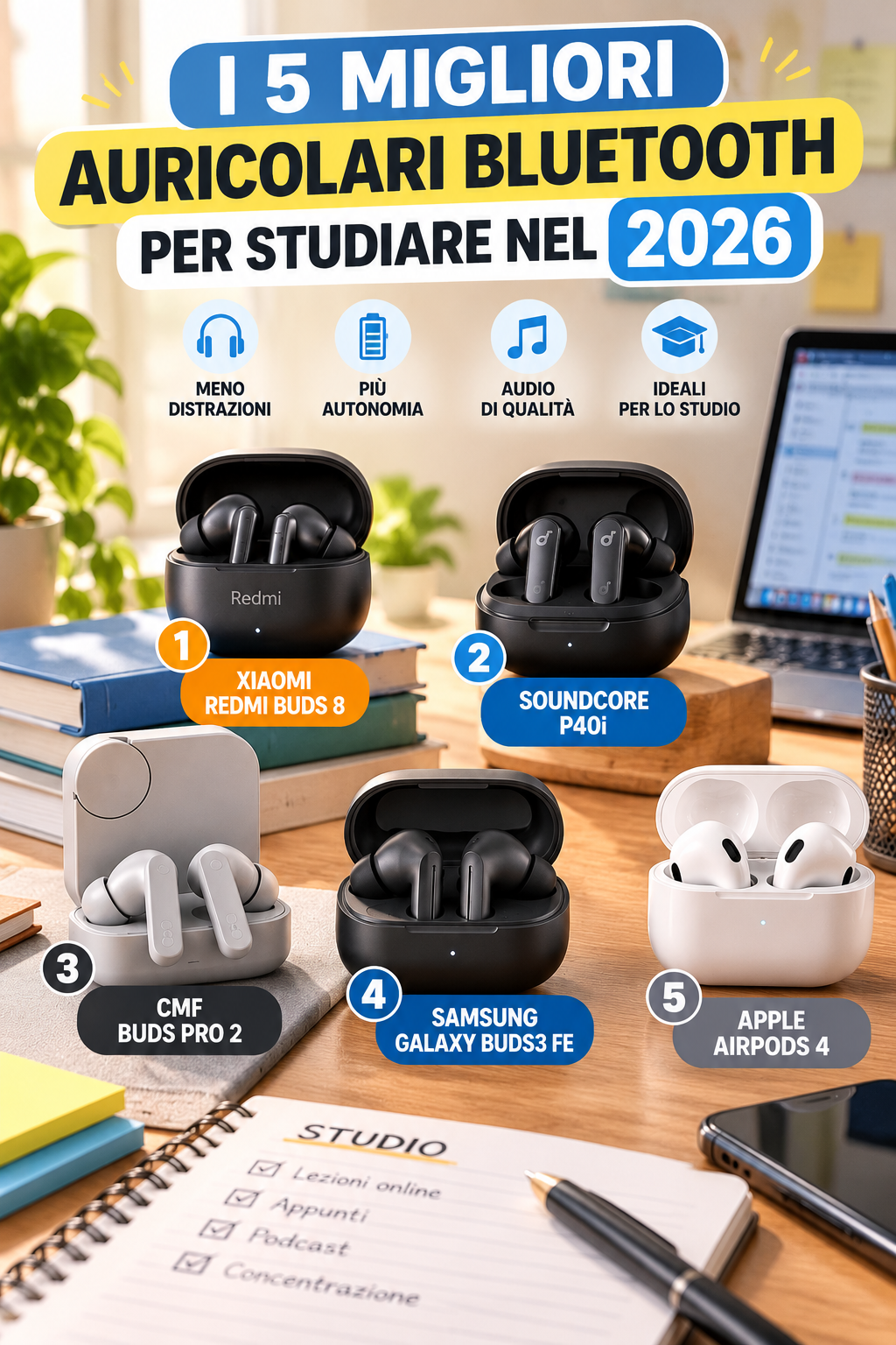 Migliori 5 auricolari Bluetooth per studiare nel 2026: confronto e consigli
